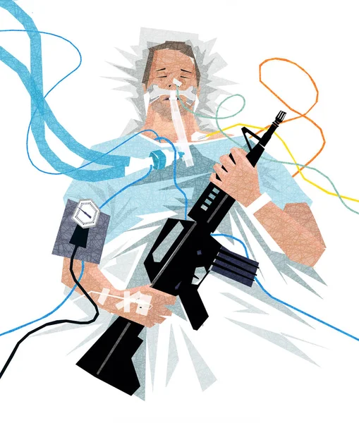 Illustration Covid Patient Hospital Ventilator Clutching His Assault Rifle — Stock Vector