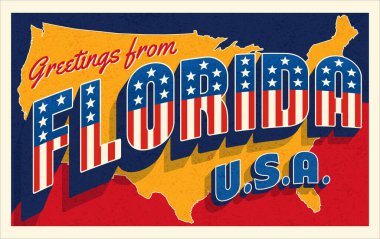 Florida USA 'den selamlar. Vatansever yıldızlar ve çizgili kartpostallar ve arka planda Amerika Birleşik Devletleri haritası. Vektör illüstrasyonu.