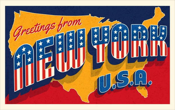 来自美国纽约的问候 复古风格明信片的背景是爱国明星和条纹字体和美国地图 矢量说明 — 图库矢量图片