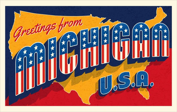 ミシガン アメリカからの挨拶だ 愛国的な星やストライプのレタリングとアメリカの地図を背景にレトロなスタイルのポストカード ベクターイラスト — ストックベクタ