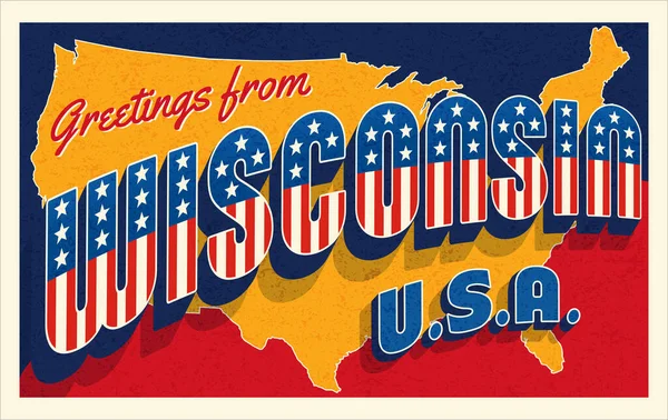 Groeten Uit Wisconsin Usa Retro Stijl Ansichtkaart Met Patriottische Sterren — Stockvector