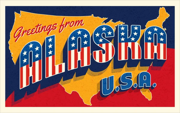 Saludos Desde Alaska Usa Postal Estilo Retro Con Estrellas Patrióticas — Vector de stock