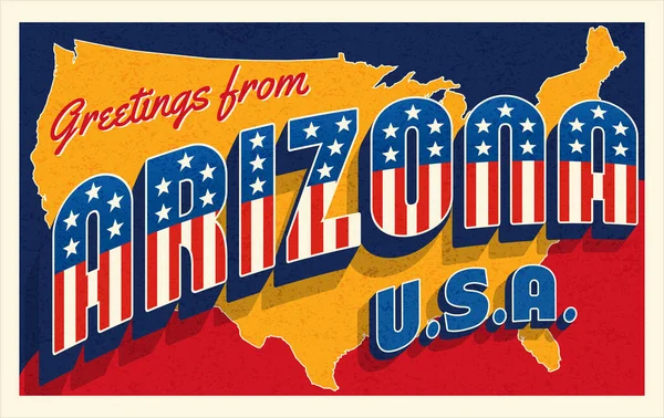 来自美国亚利桑那州的问候 复古风格明信片的背景是爱国明星和条纹字体和美国地图 矢量说明 — 图库矢量图片