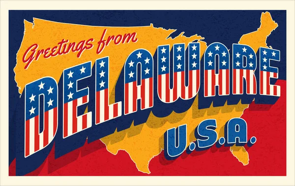 Hälsningar Från Delaware Usa Retro Stil Vykort Med Patriotiska Stjärnor — Stock vektor