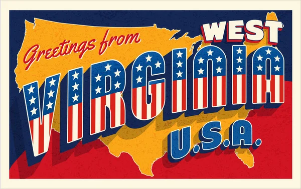 Groeten Uit West Virginia Usa Retro Stijl Ansichtkaart Met Patriottische — Stockvector