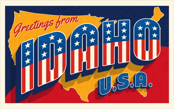 Greetings Idaho Usa Retro Style Postcard Patriotic Stars Stripes Lettering — Stock Vector