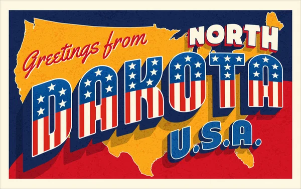 ノースダコタ州からの挨拶米国 愛国的な星やストライプのレタリングとアメリカの地図を背景にレトロなポストカード 7月4日 ベクターイラスト — ストックベクタ