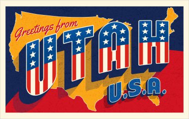 Utah USA 'den selamlar. Vatansever yıldızlar ve çizgili kartpostallar ve arka planda Birleşik Devletler haritası. Vektör illüstrasyonu.