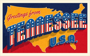 Tennessee USA 'den selamlar. Vatansever yıldızlar ve çizgili kartpostallar ve arka planda Birleşik Devletler haritası. Vektör illüstrasyonu.
