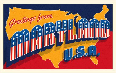 Maryland USA 'den selamlar. Vatansever yıldızlar ve çizgili kartpostallar ve arka planda Birleşik Devletler haritası. Vektör illüstrasyonu.