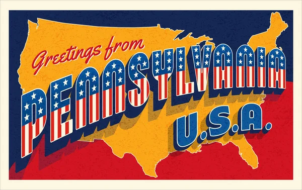 Greetings Pennsylvania Usa Retro Postcard Patriotic Stars Stripes Lettering United — Stock Vector