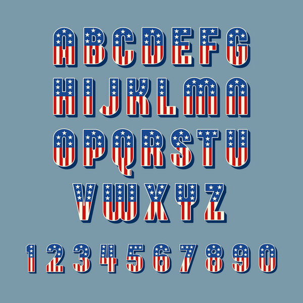 Патриотический шрифт со звёздами и полосами американского флага. На 4 июля, День памяти и политические проекты по проектированию кампании. Тематика письма в США. Векторная иллюстрация
.