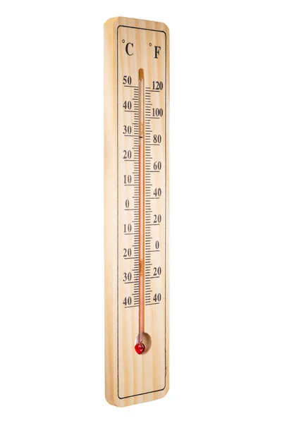 Foto de close-up do termômetro de madeira no fundo branco — Fotografia de Stock