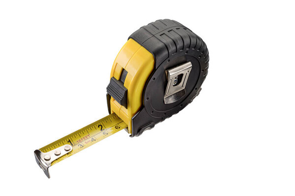 Single yellow and black tape measure, isolated over white