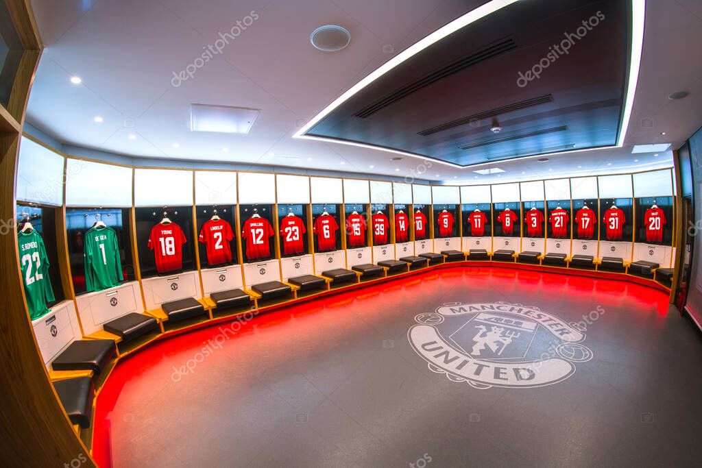 Manchester, England, UK - March 22, 2019 - Stadium tour in Locker room in the Old Trafford, the home football stadium of Manchester United Team in Premier League