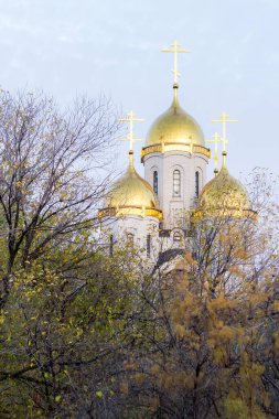 Sarı yapraklı sonbahar ağaçlarının arka planında altın kubbeler olan tapınak.