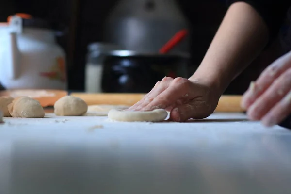 Women Hands Roll Out Dough Dumplings — 스톡 사진