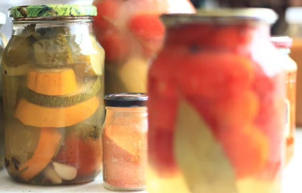 Jars Pickles Tomatoes Cucumbers — 스톡 사진