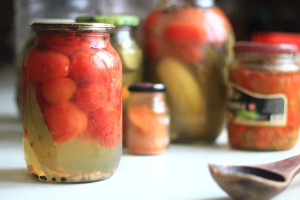 Jars Pickles Tomatoes Cucumbers — 스톡 사진
