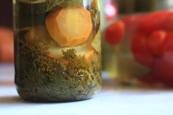 Jars Pickles Tomatoes Cucumbers — Stock Photo, Image