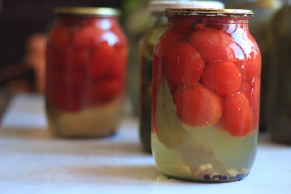 Jars Pickles Tomatoes Cucumbers — Stock Photo, Image