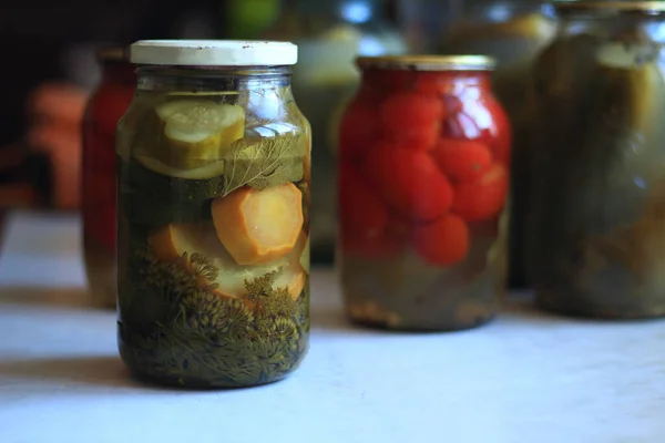 Jars Pickles Tomatoes Cucumbers — Stock Photo, Image