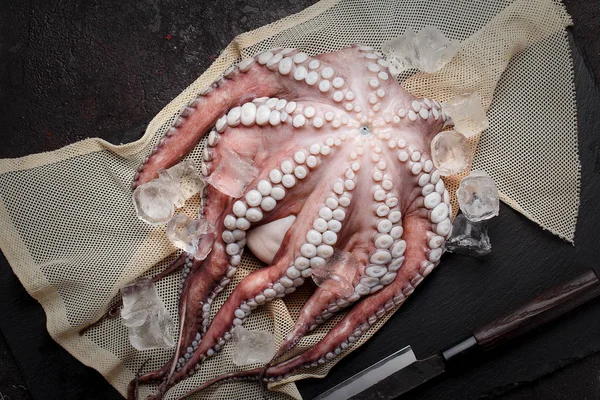 Pulpo en un plato de piedra con hielo y cuchillo de chef . —  Fotos de Stock