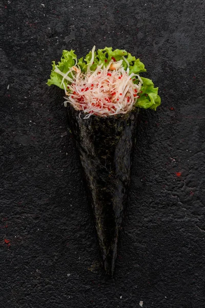 Crab handmade sushi (temaki) on a stone plate. — Stock Photo, Image