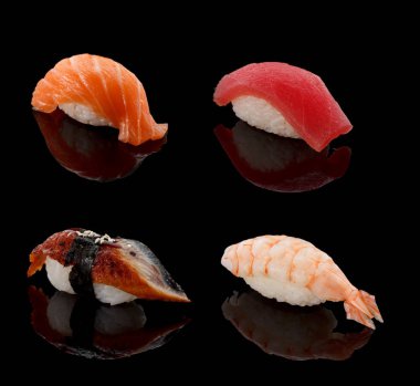 Japon mutfağı. Suşi nigiri koyu arka plan üzerinde.