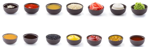 Sauces set in brown bowls isolated on white background. — Stock Photo, Image