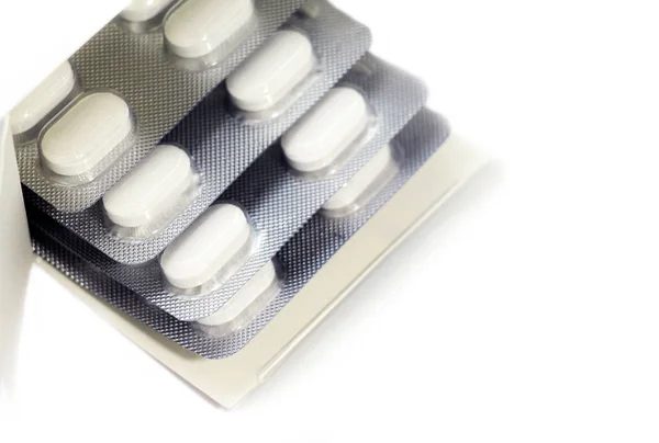Białe Tabletki Pęcherz Pakuję Pigułki Alergia Choroba Zdrowie Leczenie — Zdjęcie stockowe