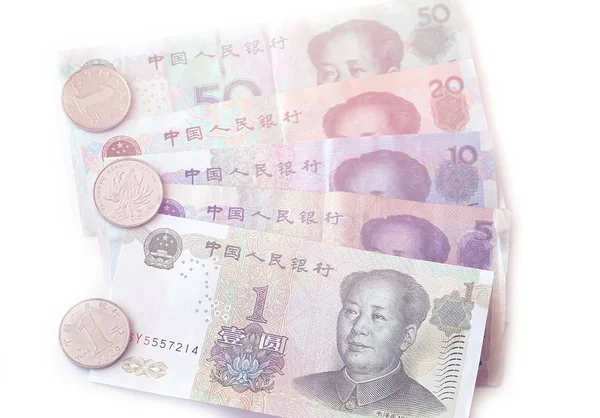 Китайские Юани Банкноты Металлические Монеты Разных Номиналов — стоковое фото
