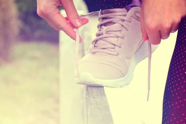 Sports Shoes Fitness Running Hands Tied Shoelaces Close — Stock Photo, Image