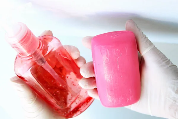 Desinfetantes Mãos Corpos Sabão Líquido Sólido Lavagem Das Mãos Para — Fotografia de Stock