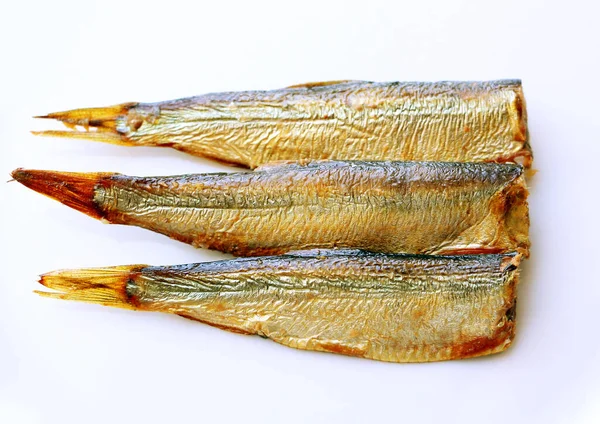 Sprats Fumés Chauds Huile Sur Fond Blanc Petits Poissons Salés — Photo