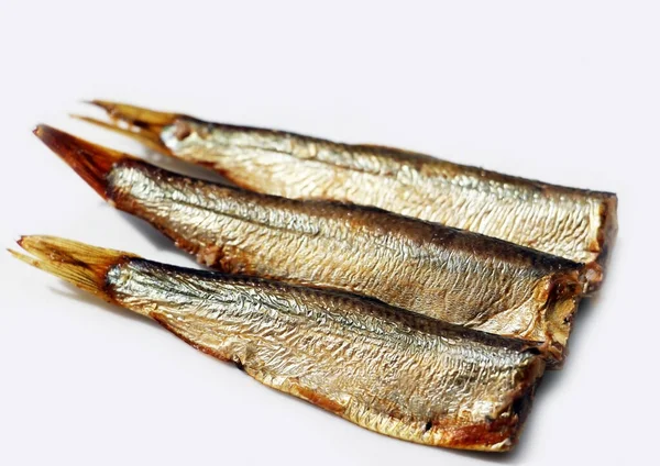 Sprats Fumés Chauds Huile Sur Fond Blanc Petits Poissons Salés — Photo