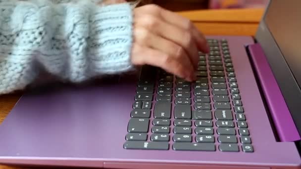 ノートパソコンのキーボード女性の手は英語のキーボードで入力しています — ストック動画
