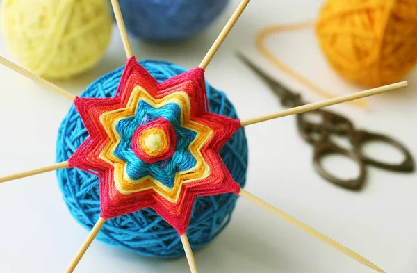 Wicker Mandala Made Blue Yarn Wooden Toothpicks Flower Star Pattern — Stock Photo, Image