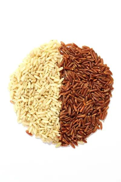 未抛光的糙米和白米 天然谷物 长谷米有用的产品 膳食食物 野生水稻 — 图库照片