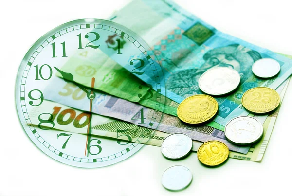 Ukrainisches Geld Münzen Und Zeit Wählen Auf Finanziellem Hintergrund — Stockfoto