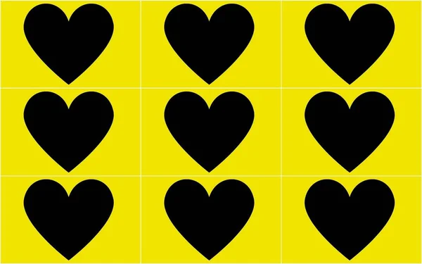 Zwarte Harten Een Gele Achtergrond Sjabloon Voor Valentijnsdag — Stockfoto