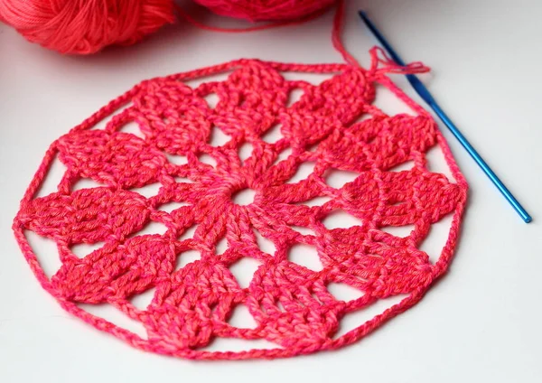 Needlework Beautiful Knitted Pink Napkin Crochet — Stock Photo, Image