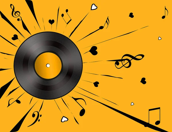 黄色の背景にビニールレコードと黒の音楽ノート — ストック写真