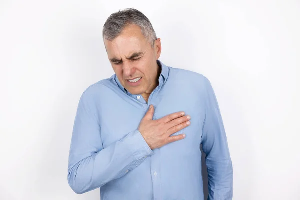 Adult Handsome Man Grey Hair Wearing Blue Shirt Touching Chest — Stock Photo, Image