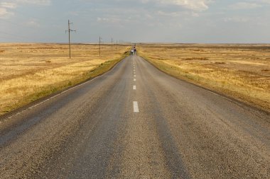 Kazakistan 'ın Aktobe Bölgesi Ayteke Bi ilçesinde E38 karayolu, bozkırın karşısında asfalt yol