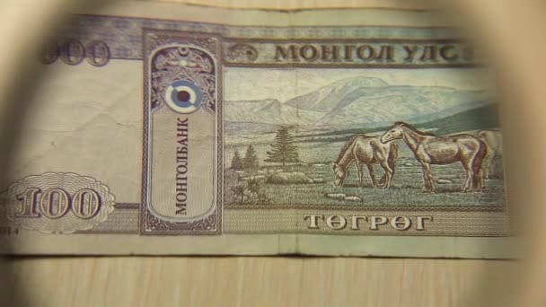 看一张100张蒙古包头巾的钞票躺在桌子上 桌子上放着放大镜 商业和金融的概念 — 图库视频影像