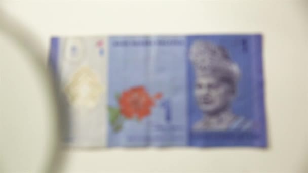 マレーシアのリンギットと虫眼鏡 拡大鏡で紙幣を見る 全世界 — ストック動画