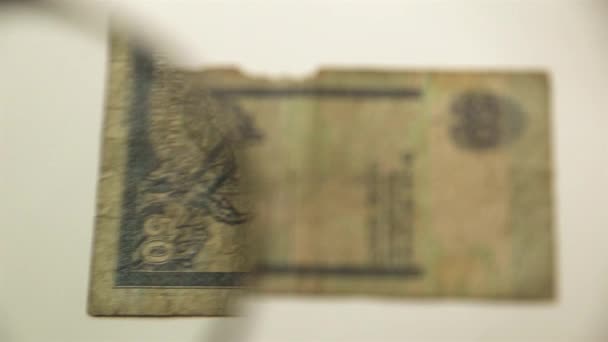Ятдесят Пакистанських Рупій Збільшуюче Скло Погляньте Паперовий Рахунок Через Збільшувальне — стокове відео