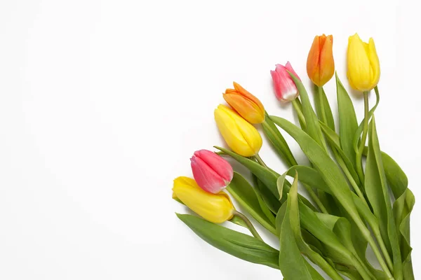 Tulipanes naranja, amarillo y rosa sobre blanco — Foto de Stock