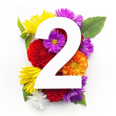 Düzen renkli çiçekler, yapraklar ve iki numaralı. Düz yatıyordu. Üstten Görünüm.